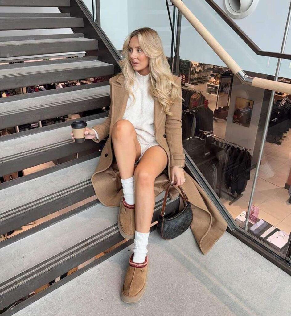 Platform Clogs with Cream Shorts and Camel Coat Platform Clogs with Cream Shorts and Camel Coat — Uggs Outfits 2027