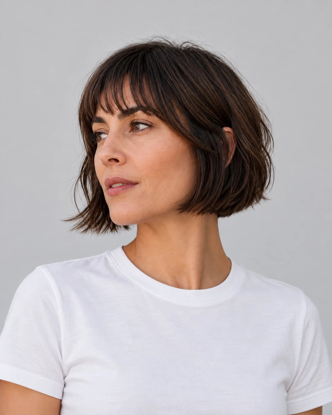 Dark Brown Textured Bob With Full Bangs Dark Brown Textured Bob With Full Bangs — Graduation Hairstyles 2027 for Short Hair