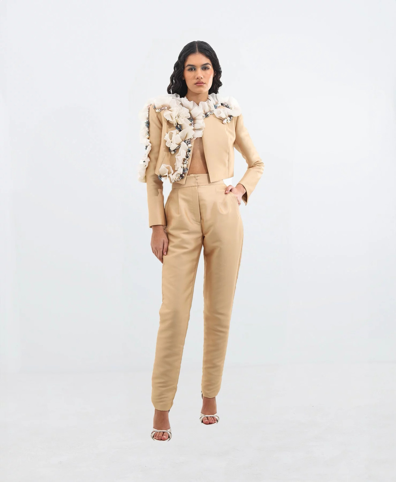 Beige Satin Cropped Jacket with Floral Embellishments Beige Satin Cropped Jacket with Floral Embellishments — Presentation Outfits 2027