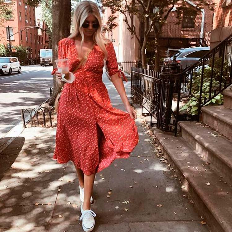 White Low-Top Sneakers Vibrant Red Floral Print Midi Sundress with Sneakers White Low-Top Sneakers Vibrant Red Floral Print Midi Sundress with Sneakers — Sundress Outfits 2027