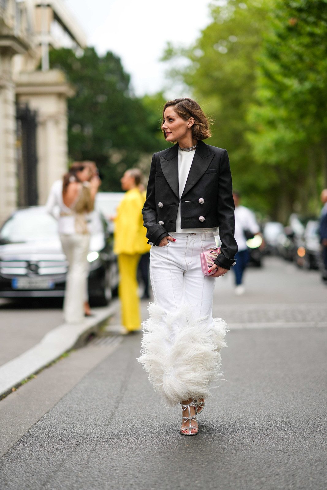 Statement Detail: White Feather-Trim Jeans with Black Blazer Statement Detail: White Feather-Trim Jeans with Black Blazer — White Jeans Outfits 2027