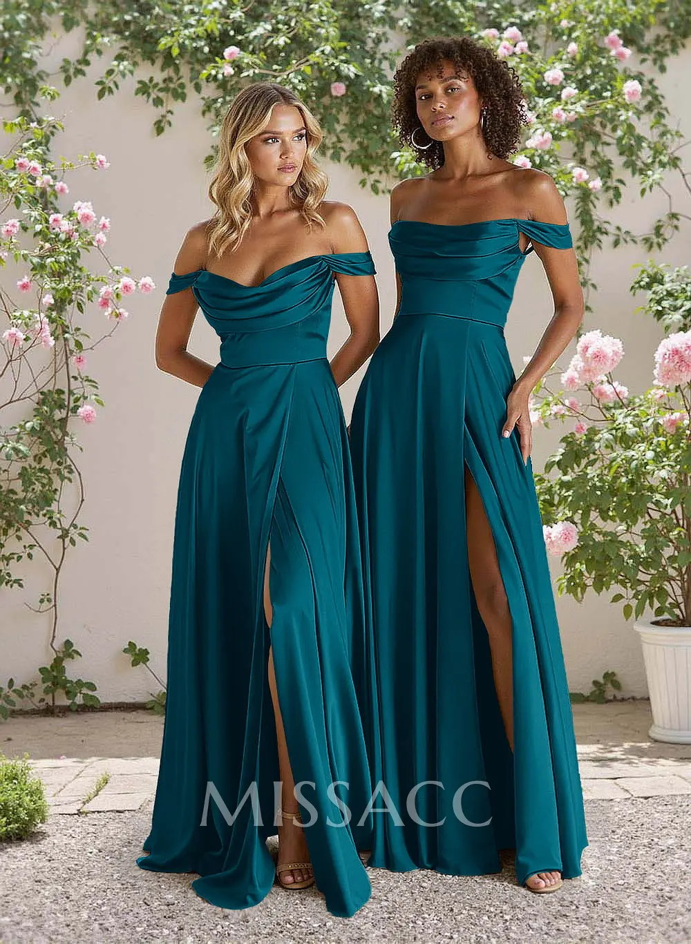 Teal Off-the-Shoulder Satin Dresses with Cowl Neck and High Slit — Satin Bridesmaid Dresses 2027