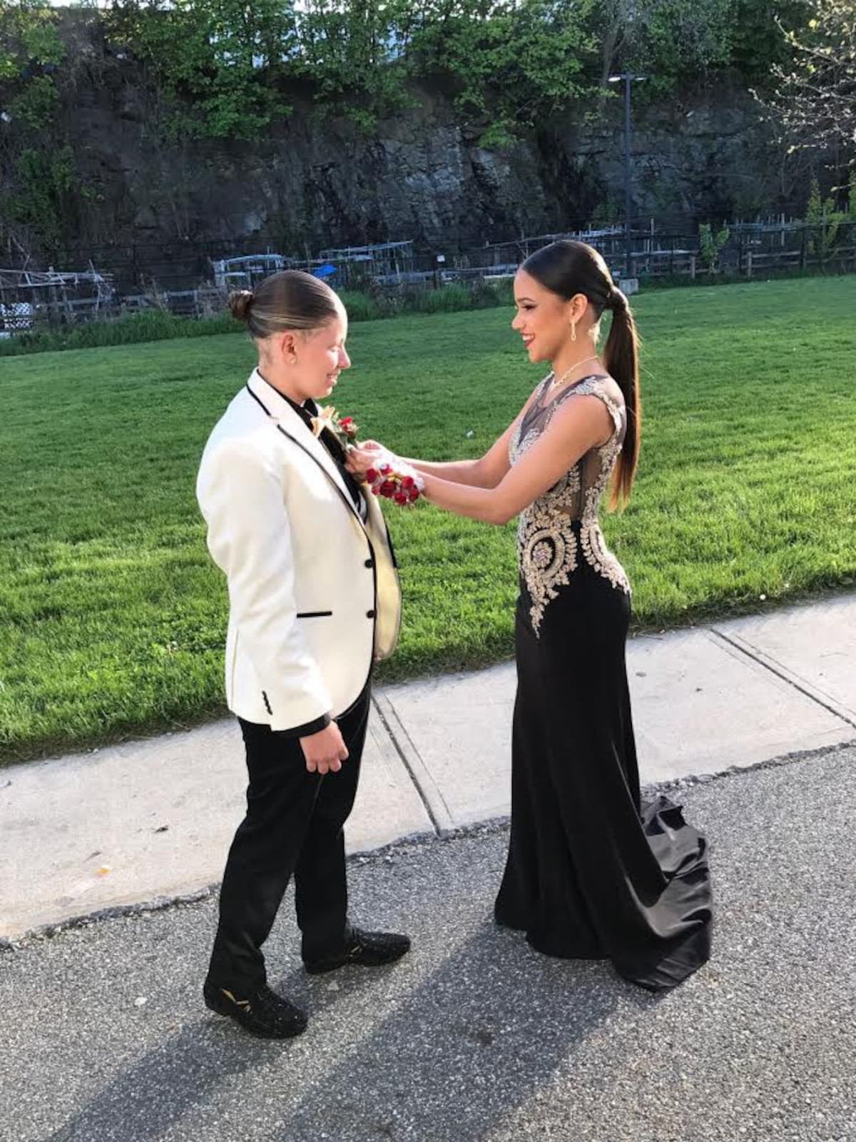 Classic White Tuxedo Meets Embellished Black and Gold Gown Classic White Tuxedo Meets Embellished Black and Gold Gown — Prom Couple Outfits 2027