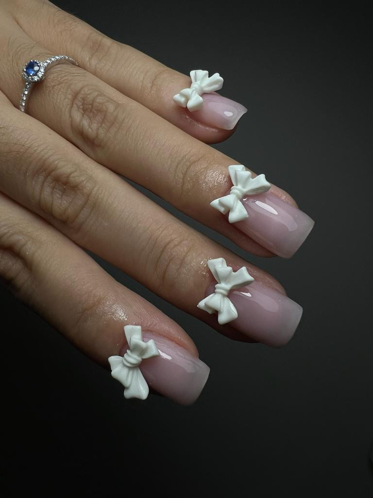 Sheer Pink White 3D Bow Square Nails Sheer Pink White 3D Bow Square Nails — Short Bow Nails 2027