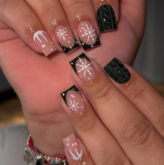 Short Nude Black Knit Pattern Nails Short Nude Black Knit Pattern Nails — Christmas Square Nails 2026