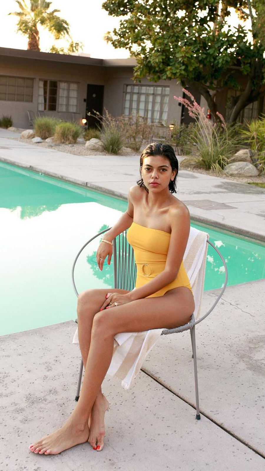 Yellow Strapless Swimsuit for Chic Resort Poolside Style Yellow Strapless Swimsuit for Chic Resort Poolside Style — Palm Springs Outfits 2027