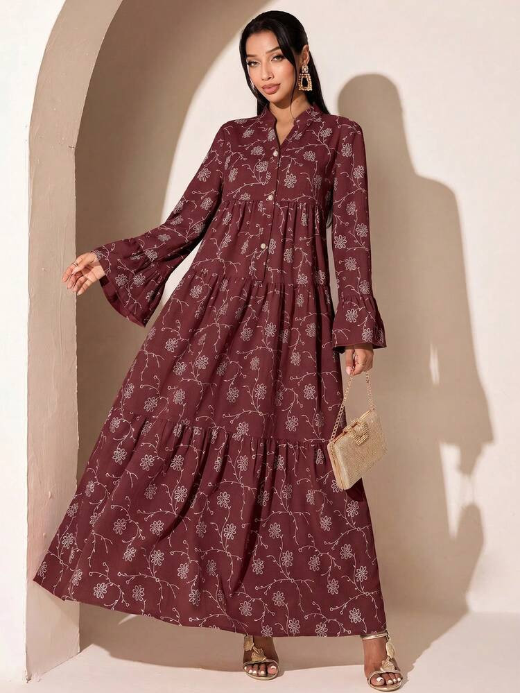 Maroon Floral Print Maxi Dress with Tiered Skirt Maroon Floral Print Maxi Dress with Tiered Skirt — Modest Dresses 2027