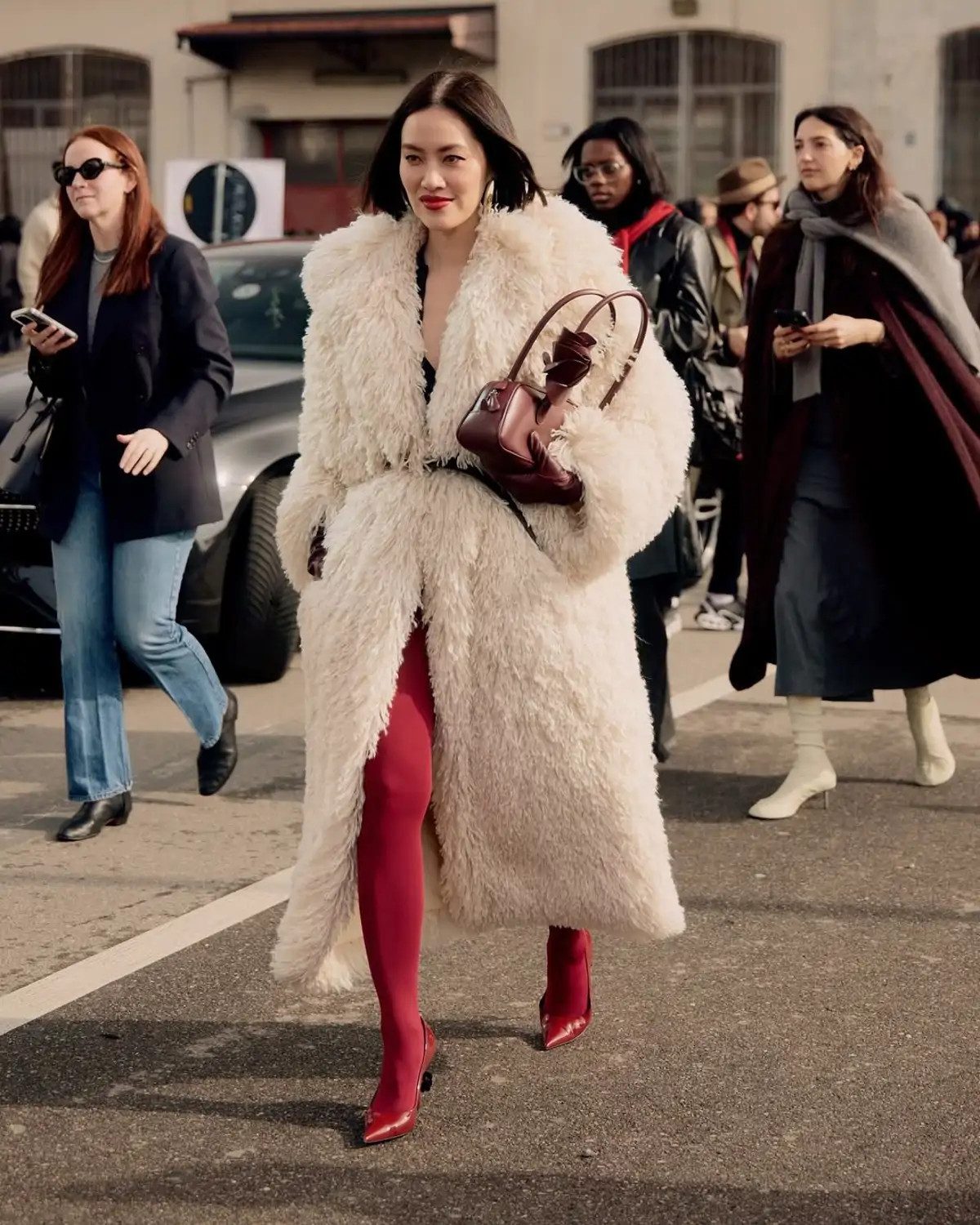 Bold Red Sheer Tights with Fluffy Cream Coat — Sheer Tights Outfits 2027