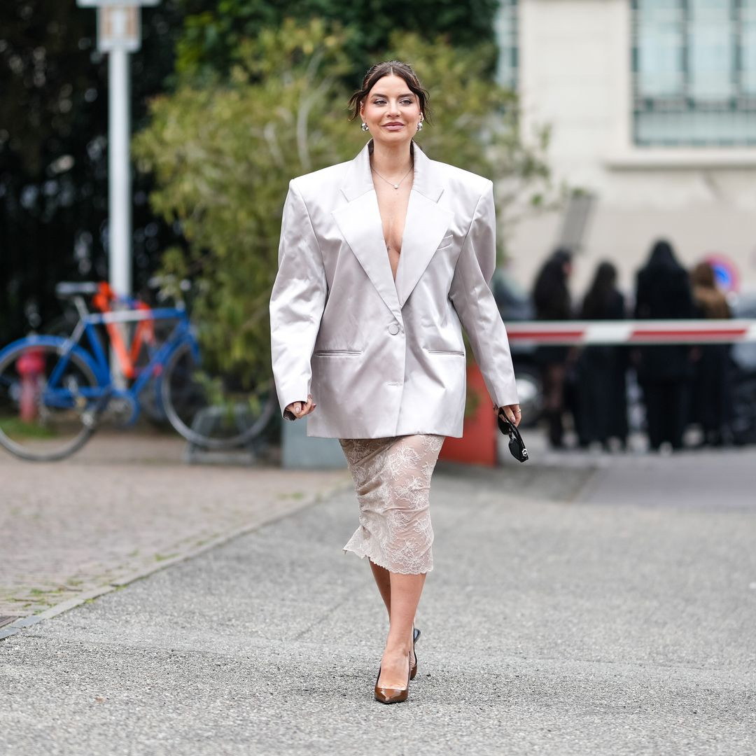 Silver Satin Blazer Over Cream Slip Dress Silver Satin Blazer Over Cream Slip Dress — Aesthetic Outfits 2027
