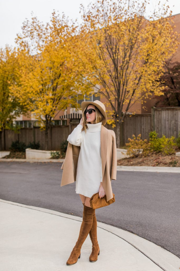 White Sweater Dress and Camel Coat with Brown Suede Knee-High Boots White Sweater Dress and Camel Coat with Brown Suede Knee-High Boots — Knee High Boots Outfits 2027