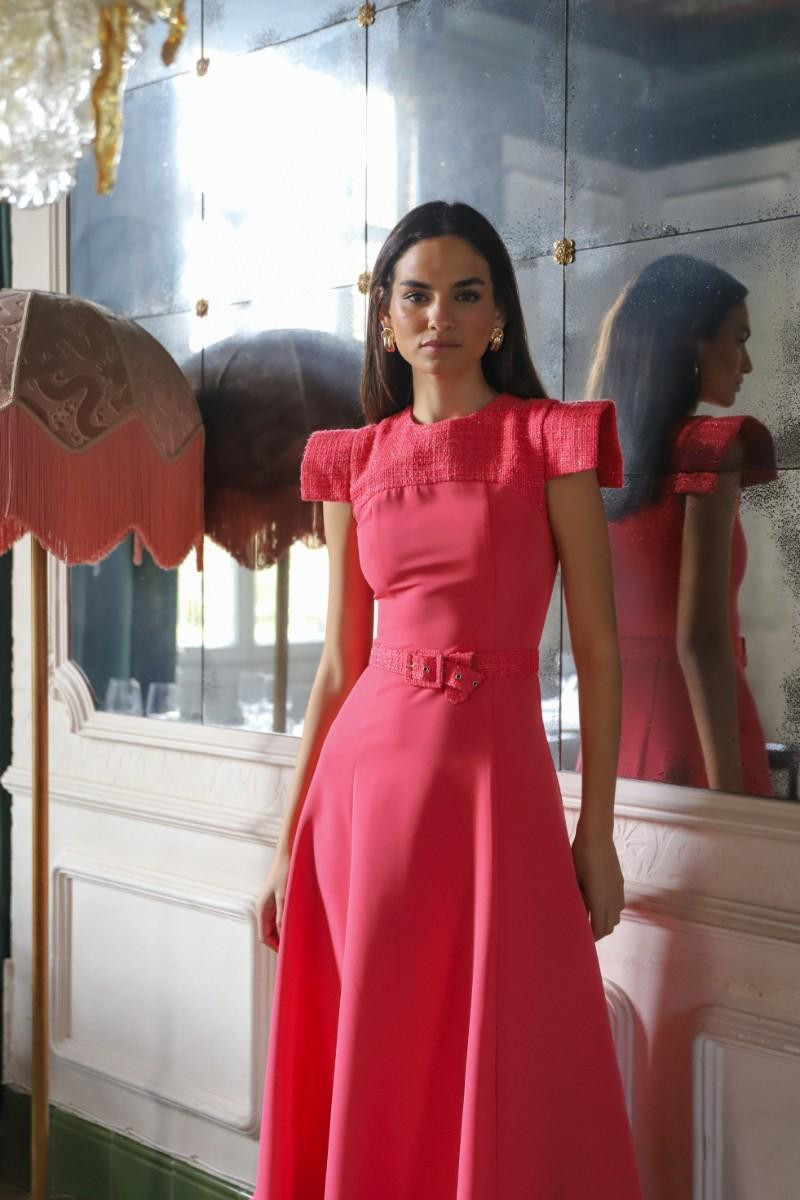 Pink Textured Cap Sleeve Dress with Belted Waist Pink Textured Cap Sleeve Dress with Belted Waist — Wedding Guest Outfits Cocktail 2027