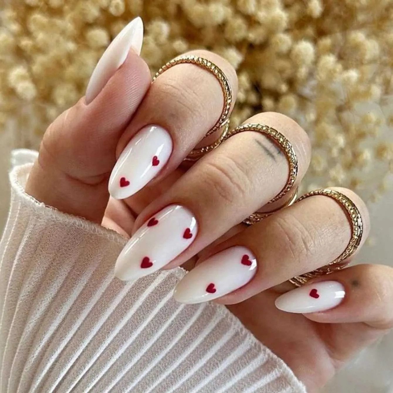 Red Hearts on White Glossy Long Almond Red Hearts on White Glossy Long Almond — Heart Nails 2027