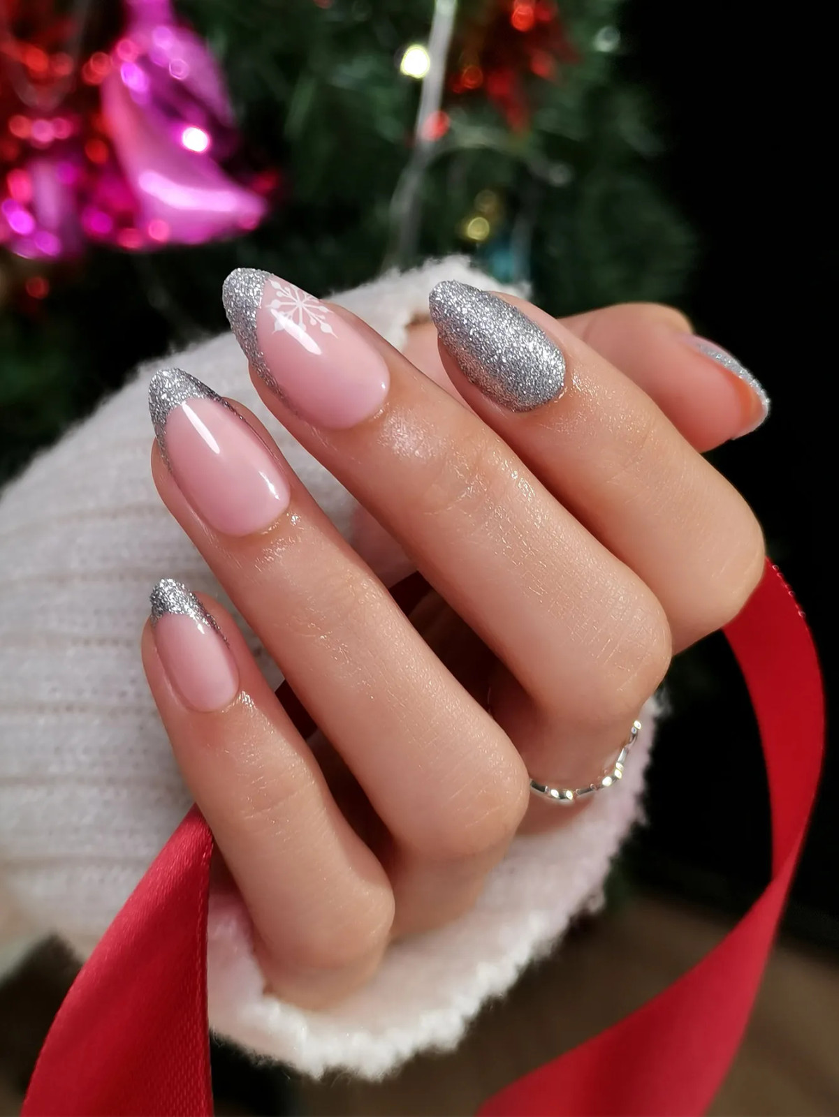 Pale Pink Glitter Snowflake French Almond Pale Pink Glitter Snowflake French Almond — Winter French Tip Nails 2027
