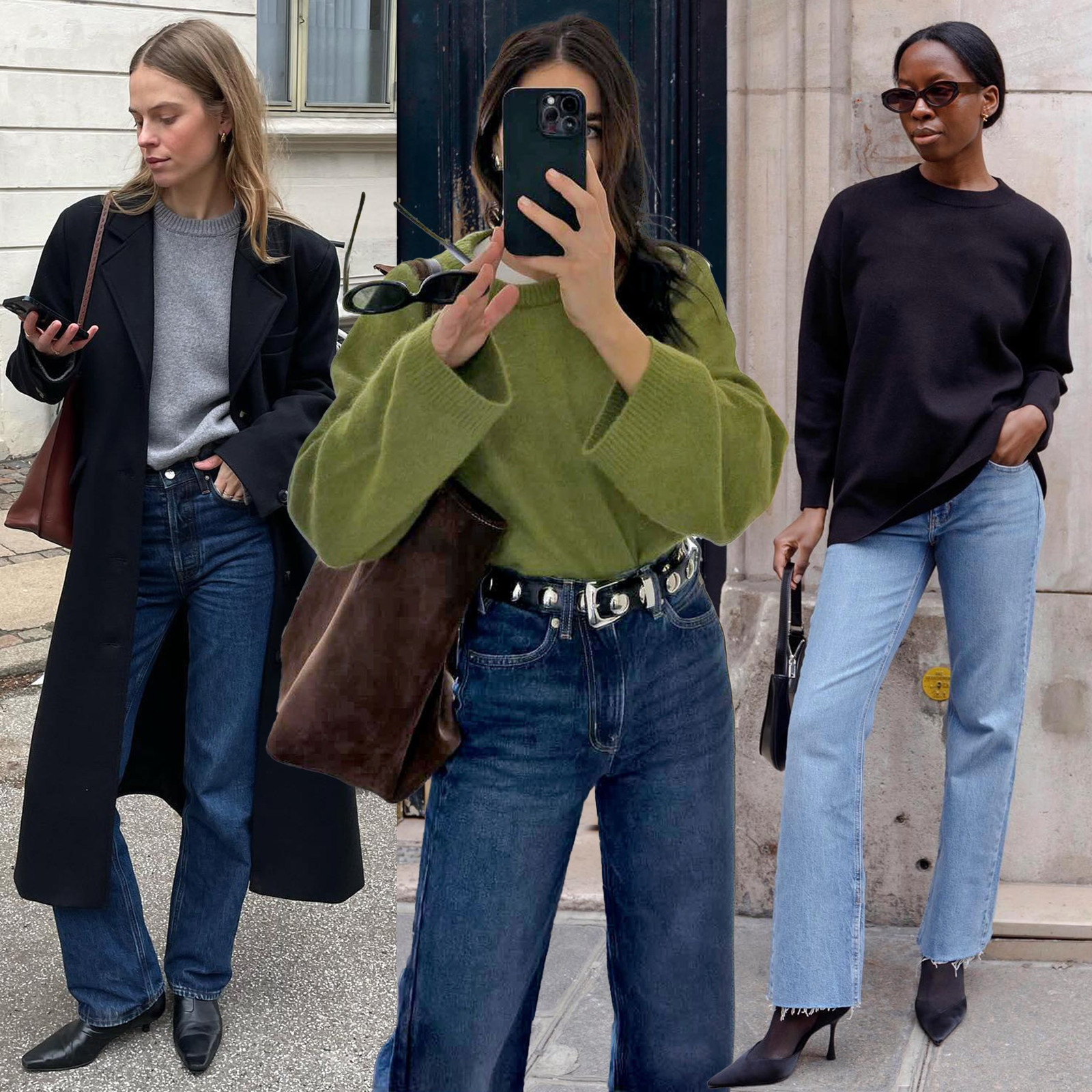 Grey Crewneck Sweater and Black Coat with Straight Leg Jeans Grey Crewneck Sweater and Black Coat with Straight Leg Jeans — Sweater and Jeans Outfits 2027