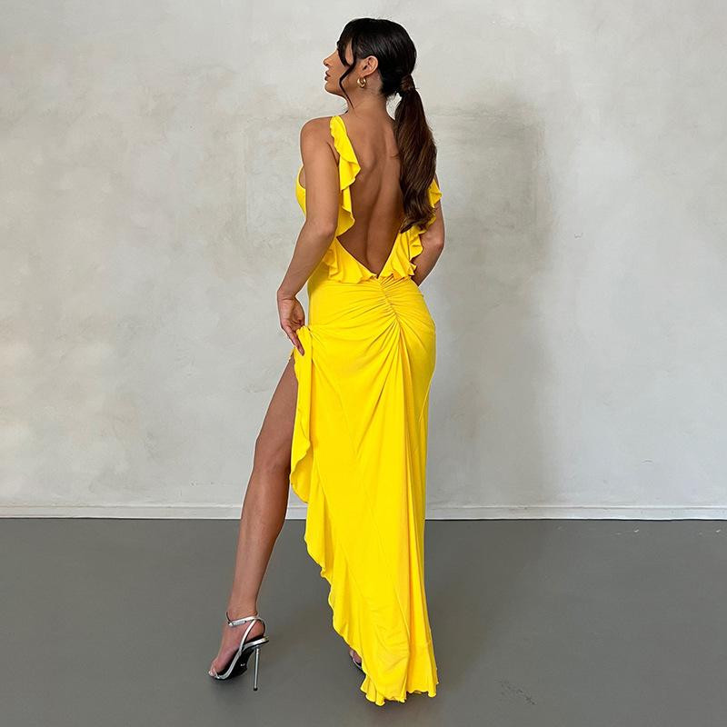 Pale Yellow Satin Draped Dress with Side Slit and Pink Handbag Pale Yellow Satin Draped Dress with Side Slit and Pink Handbag — Backless Dresses 2027