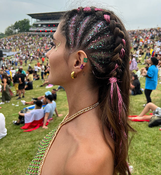 Glittered Brown Braids with Pink Accents Glittered Brown Braids with Pink Accents — Festival Braids 2027