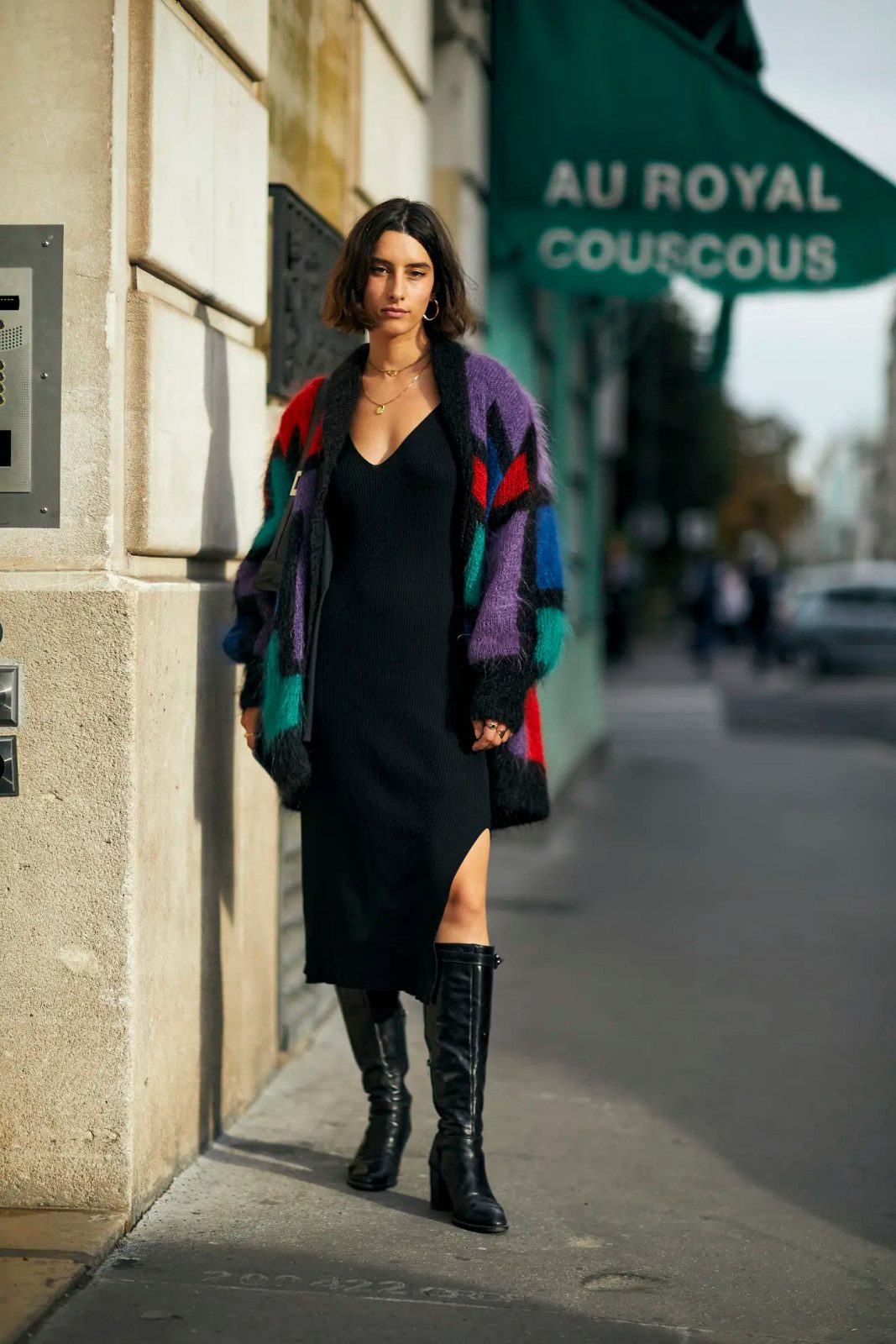 Black Midi Dress Colorful Fuzzy Cardigan Outfit Idea Black Midi Dress Colorful Fuzzy Cardigan Outfit Idea — Dress 2027 with Knee High Boots Outfit