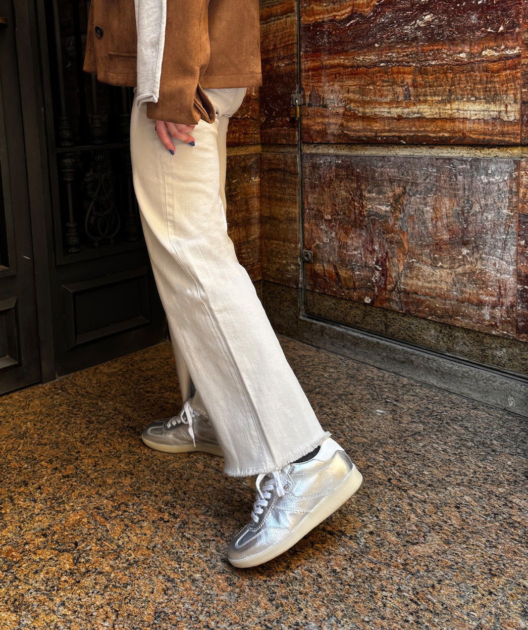Cropped Jacket with Wide-Leg Jeans and Silver Sneakers Cropped Jacket with Wide-Leg Jeans and Silver Sneakers — Spring Outfits 2027 with Sneakers