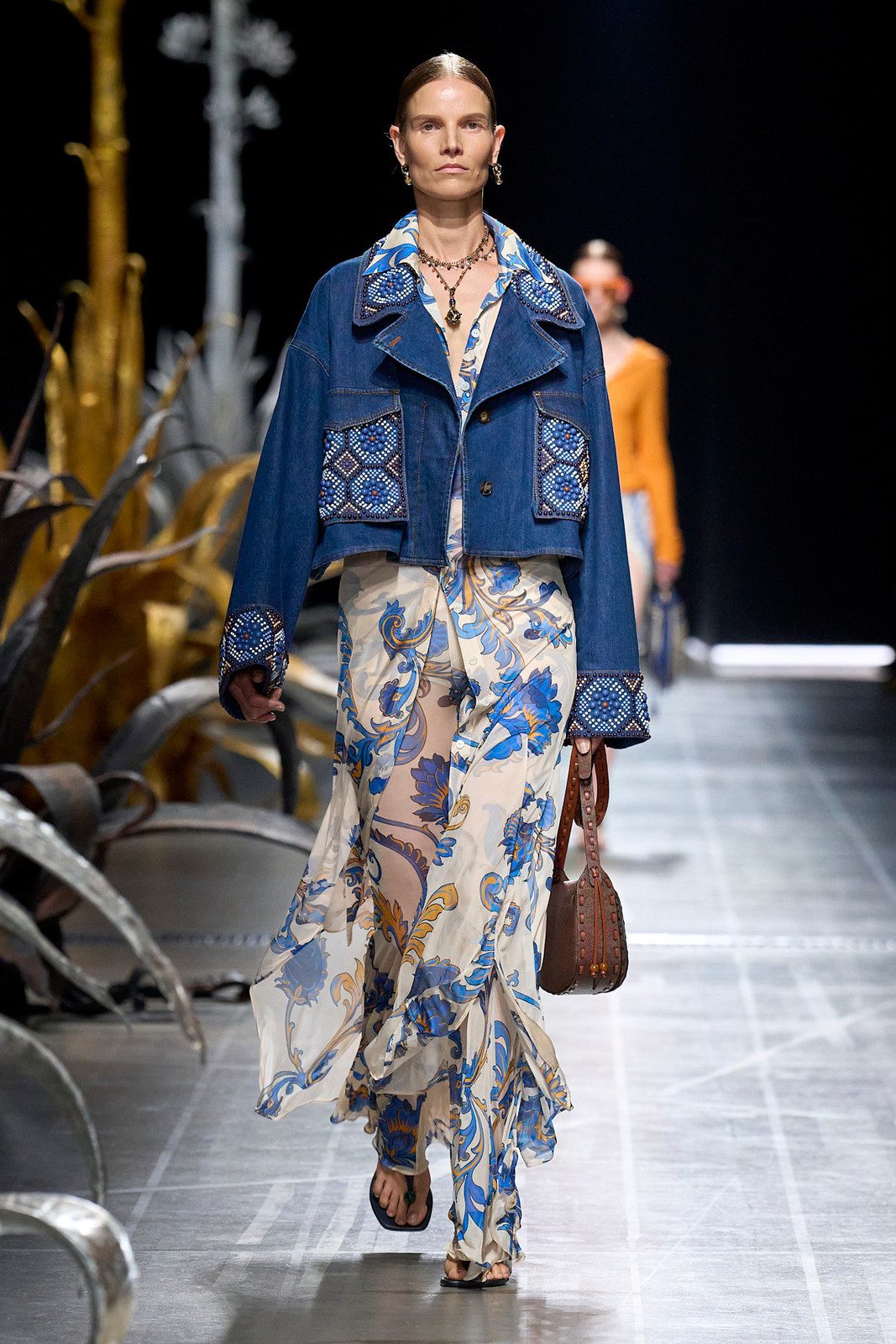 Embroidered Denim Jacket Over a Patterned Chiffon Dress Embroidered Denim Jacket Over a Patterned Chiffon Dress — Colorful Summer Outfits 2027