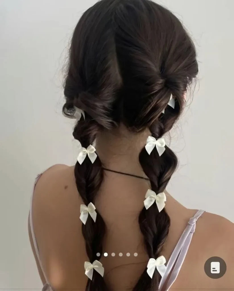 Two Braided Pigtails with White Ribbon Bows — Ribbon Hairstyles 2027