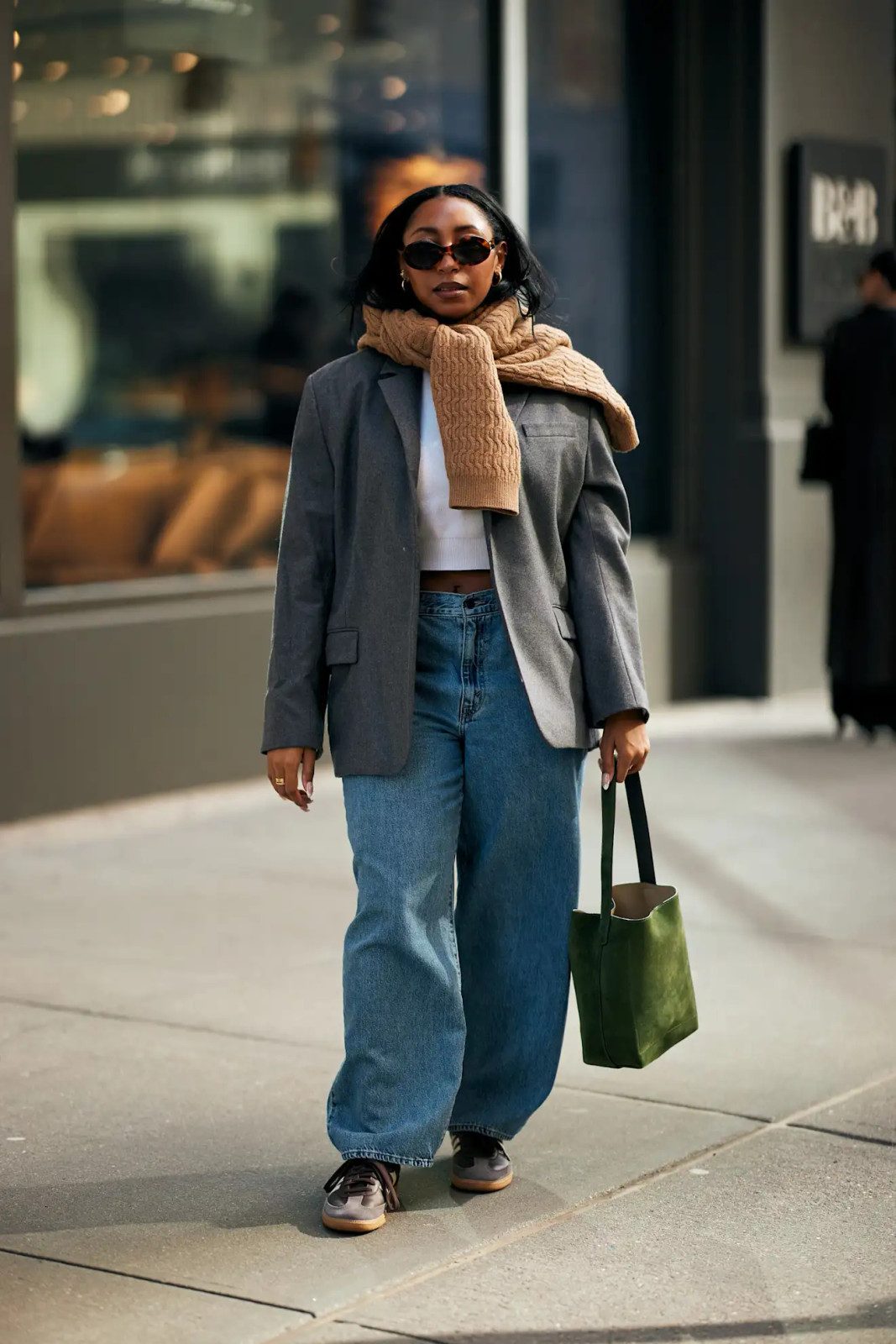 Oversized Blazer and Chunky Scarf with Wide-Leg Jeans — Wide Leg Jeans Outfits 2027