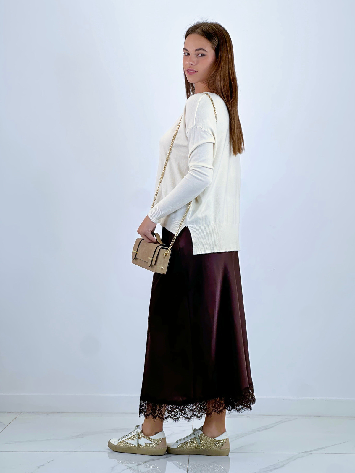 Cream Sweater with Lace-Hem Slip Skirt and Glitter Sneakers — Slip Skirt Outfits 2027