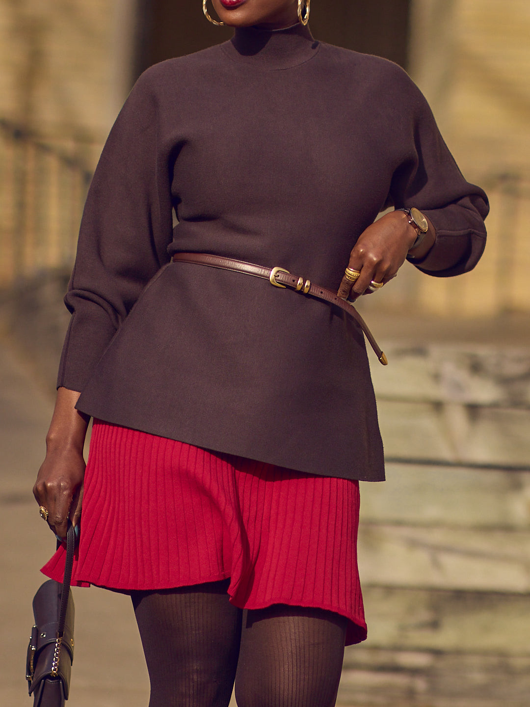 Brown Peplum Turtleneck with Red Pleated Shorts Brown Peplum Turtleneck with Red Pleated Shorts — Turtleneck Sweater Outfits 2027