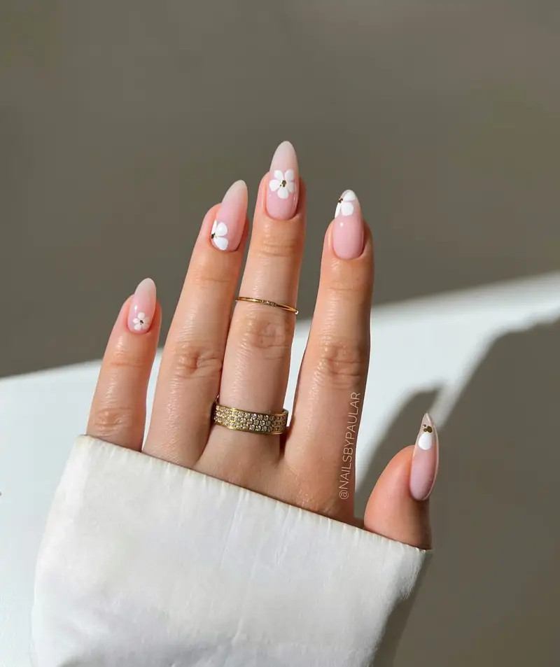 Milky Pink Almonds with Gold Floral Art — Nail Designs 2027