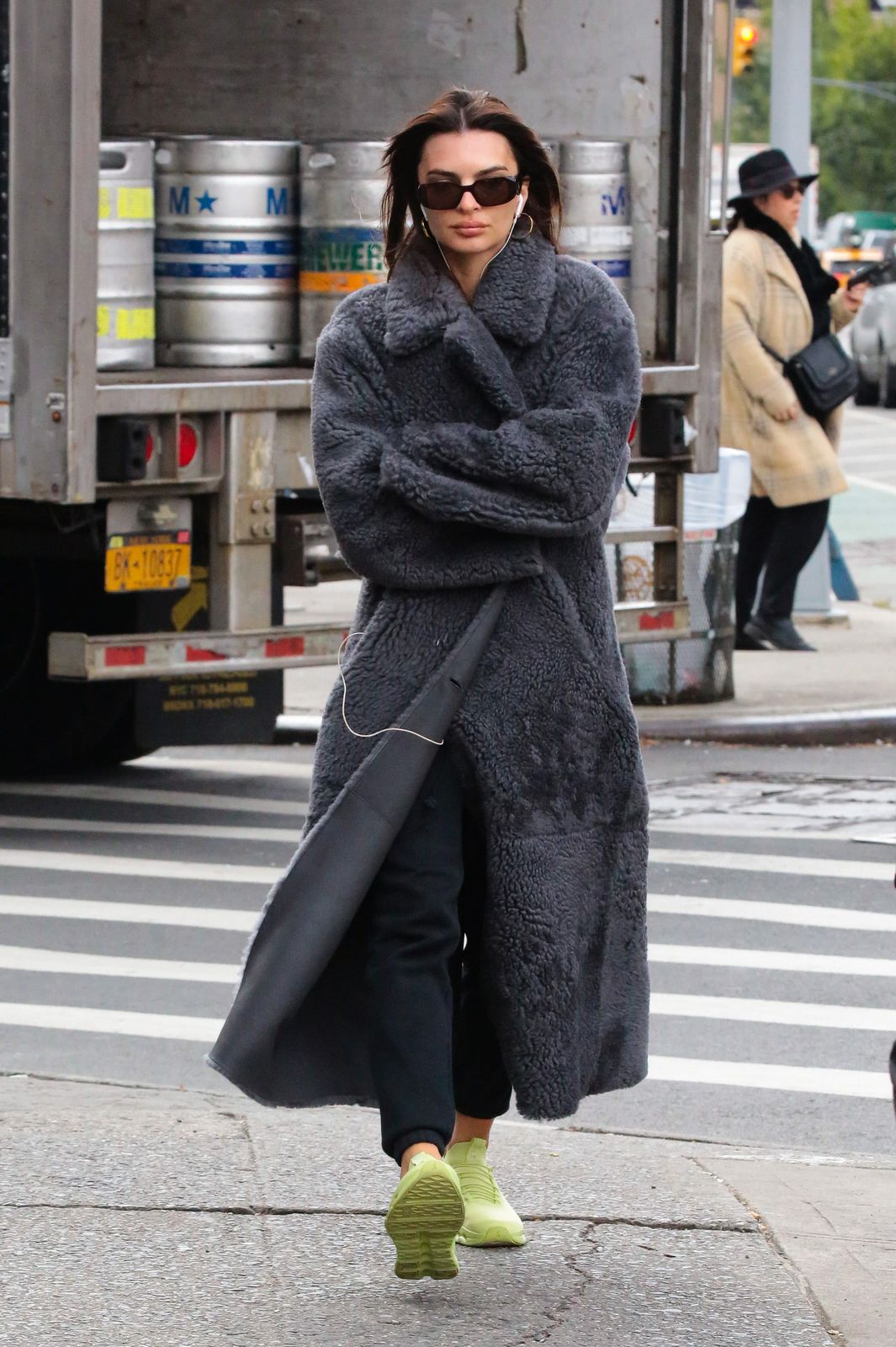 Oversized Grey Teddy Coat with Neon Sneakers and Sweatpants — Teddy Coat Outfits 2027