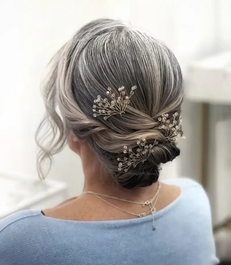 Elegant Grey Updo With Sparkling Pins Elegant Grey Updo With Sparkling Pins — Hairstyles 2027 for Women Over 60