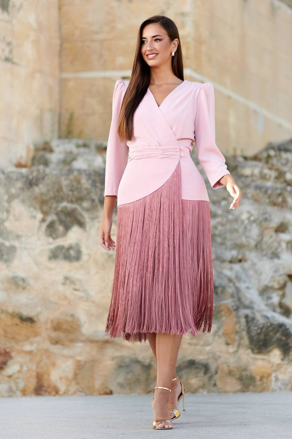 Gold Strappy Heels Outfit Idea — Fringe Dress 2027