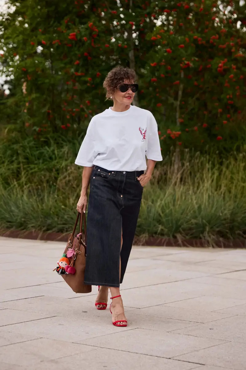 Denim Skirt and Graphic Tee with Red Sandals Denim Skirt and Graphic Tee with Red Sandals — Summer Outfits 2027 for Women Over 50