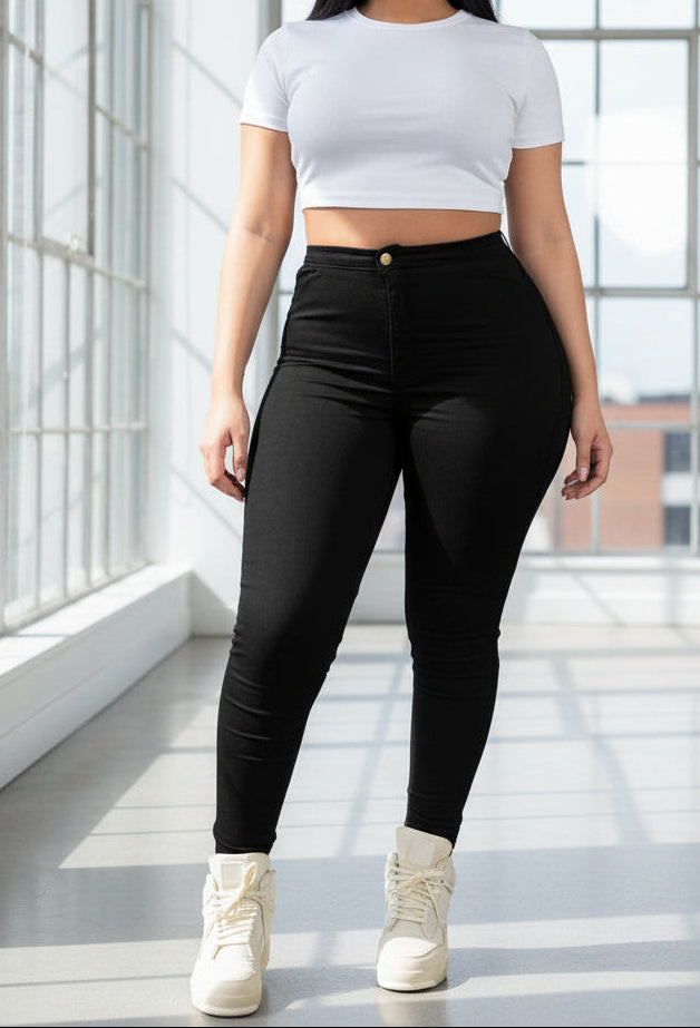 Denim Cotton High-Waisted Black Skinny Jeans with White Crop Top and Sneakers — Scene Skinny Jeans Outfits 2027