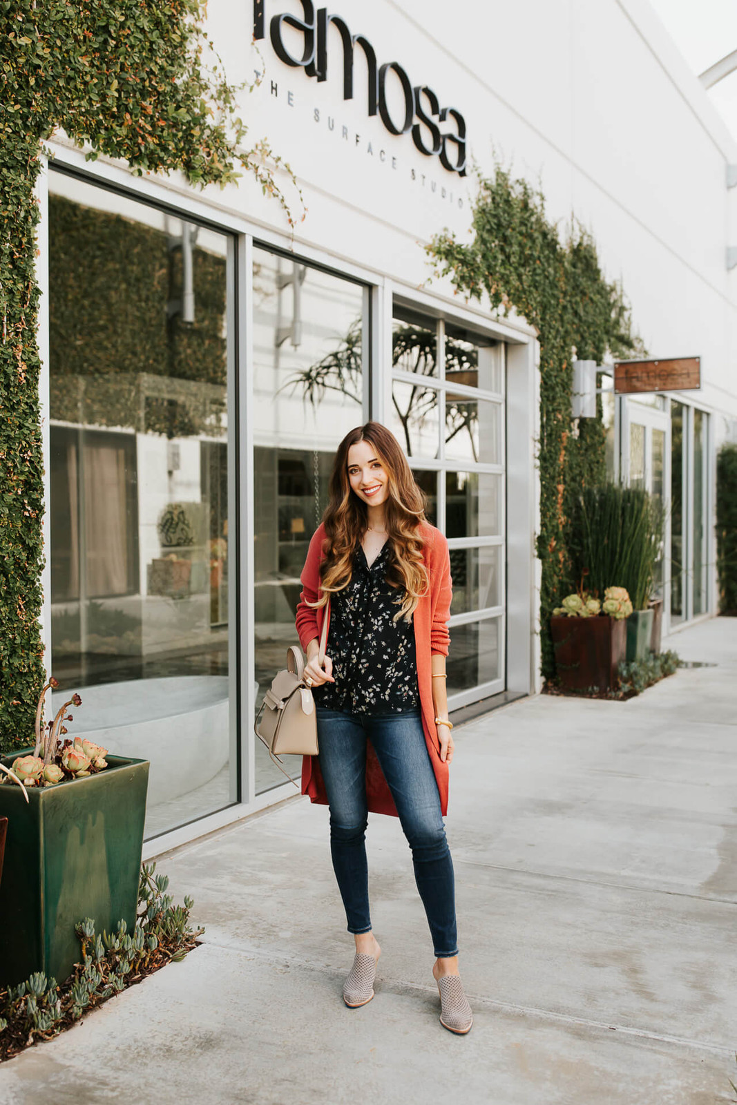 Vibrant Layers: Orange-Red Cardigan with Floral Blouse for Anniversary Vibrant Layers: Orange-Red Cardigan with Floral Blouse for Anniversary — Anniversary Outfits 2027