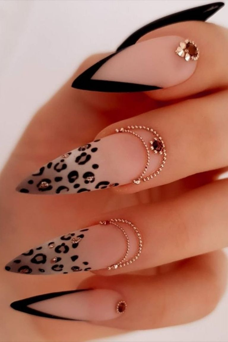 Long Stiletto French Tip with Leopard Accents — Nail Shapes 2027