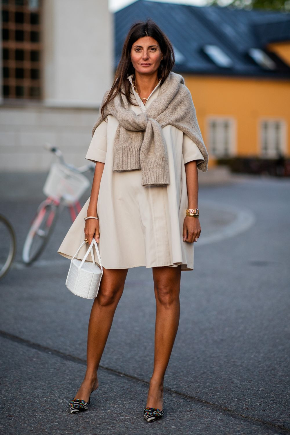 Neutral Beige A-Line Dress with Draped Sweater — Vanilla Girl Outfits 2027