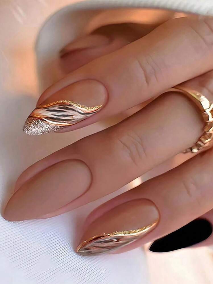 Matte Brown Tiger Print French Matte Brown Tiger Print French — Almond Press On Nails 2027