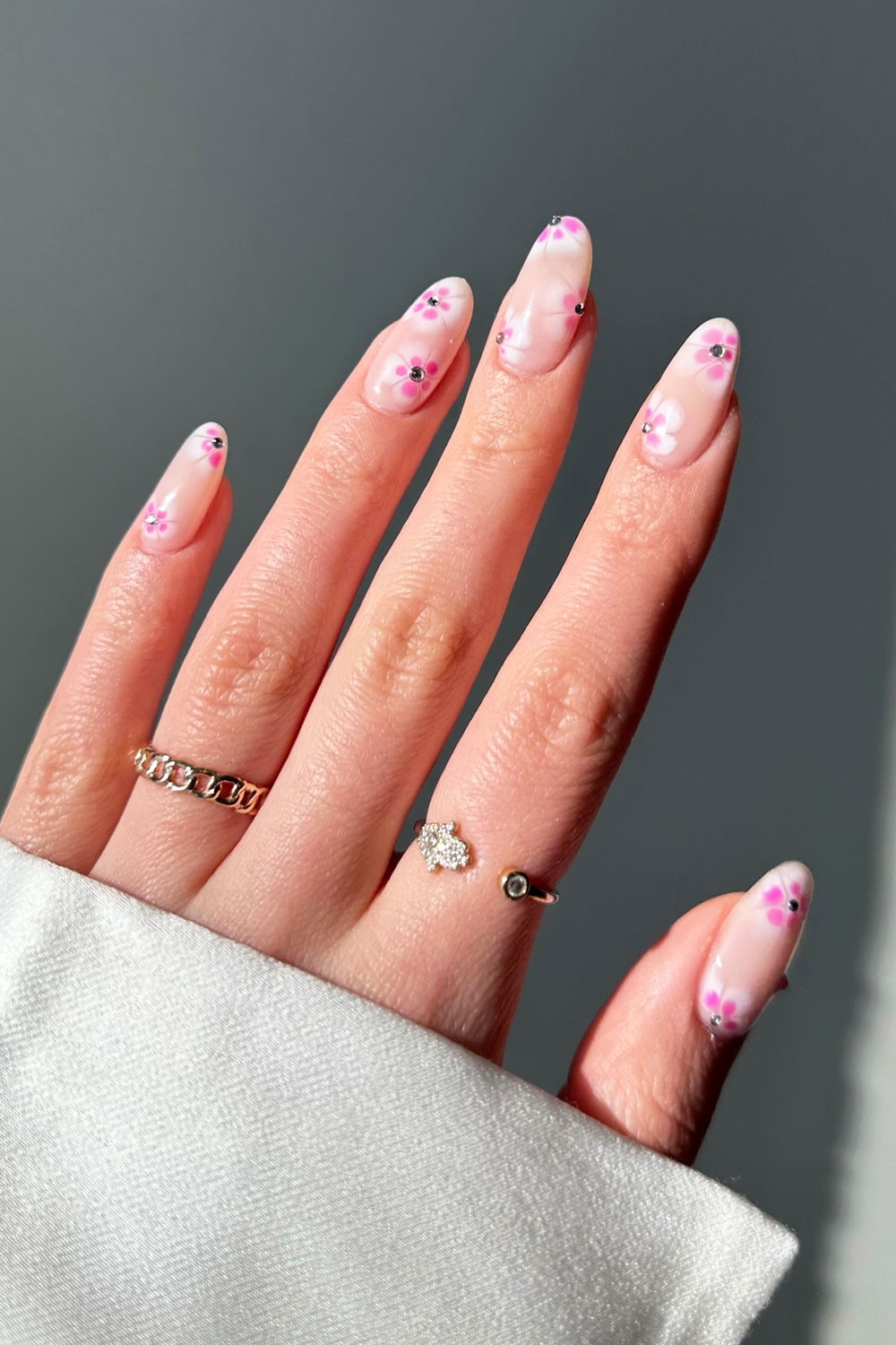Pink Floral Motifs with Rhinestone Centers Pink Floral Motifs with Rhinestone Centers — Floral Acrylic Nails 2027