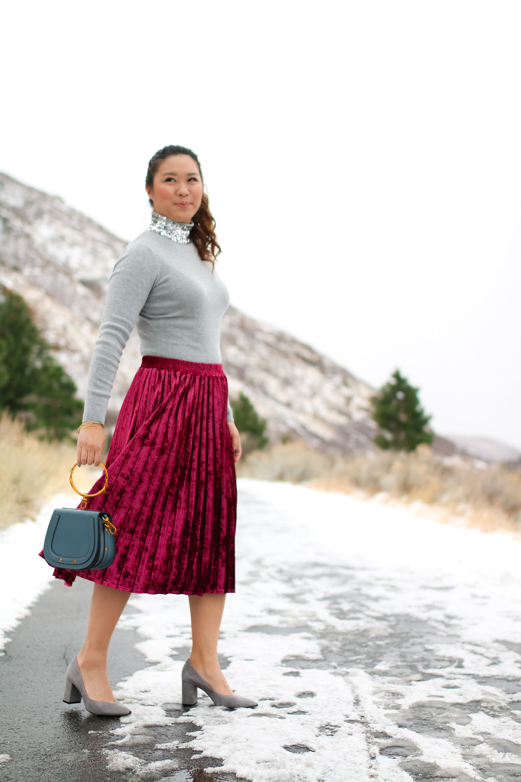 Turtleneck Sweater with Sequin Collar and Velvet Skirt Turtleneck Sweater with Sequin Collar and Velvet Skirt — New Years Eve Outfits 2027
