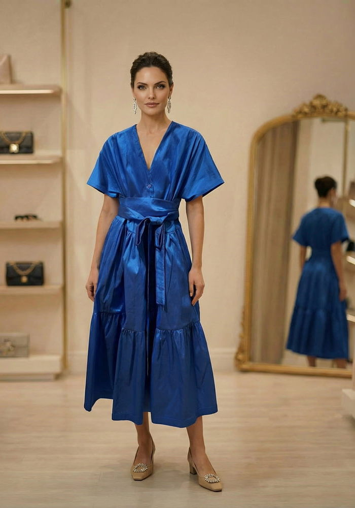 Royal Blue Silk V-Neck Dress with Sash Tie Waist — Cocktail Party Outfits 2027