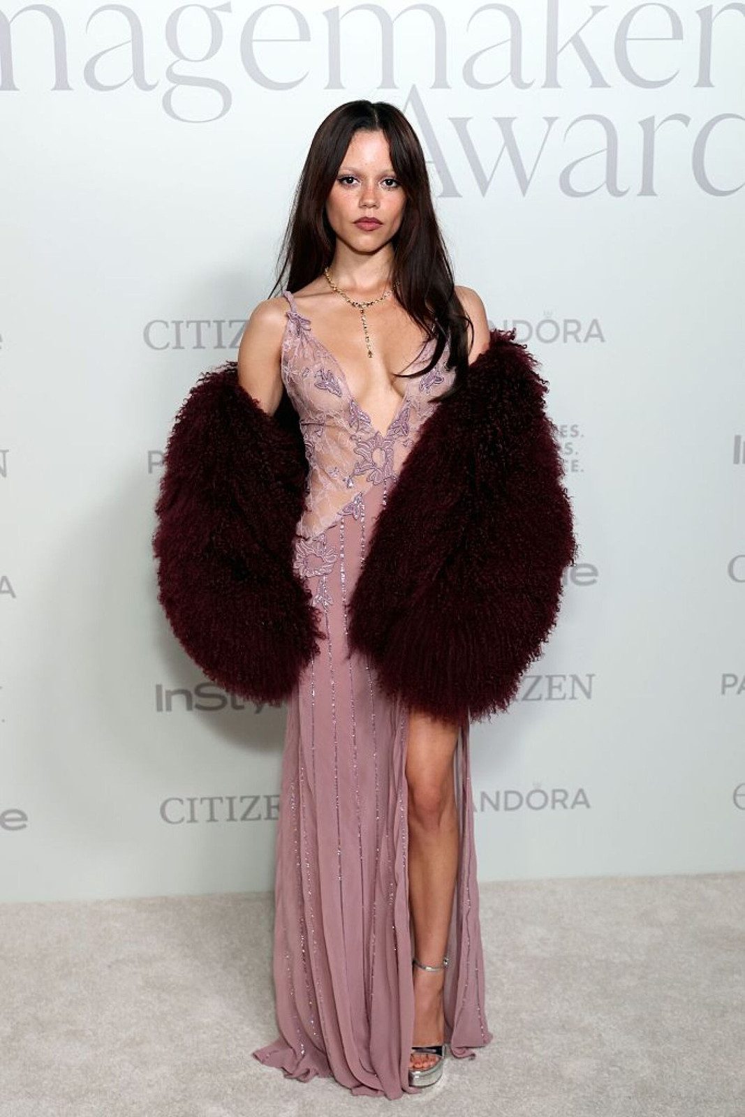 Dusty Rose Sheer Embellished Dress with Fur Stole Dusty Rose Sheer Embellished Dress with Fur Stole — Sheer Dress 2027
