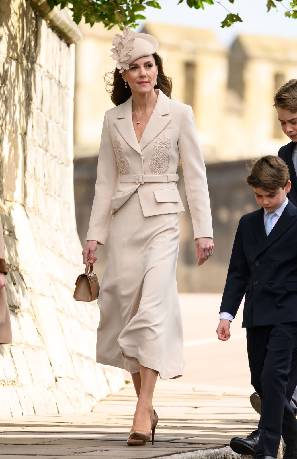 Beige Belted Blazer and Midi Skirt Set with Ornate Hat Beige Belted Blazer and Midi Skirt Set with Ornate Hat — Easter Church Outfits 2027