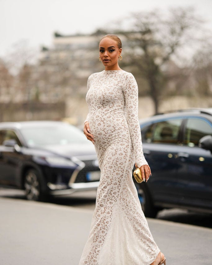 Formal Maternity Elegance: White Lace Maxi Dress with Gold Accents Formal Maternity Elegance: White Lace Maxi Dress with Gold Accents — Maternity Outfits 2027
