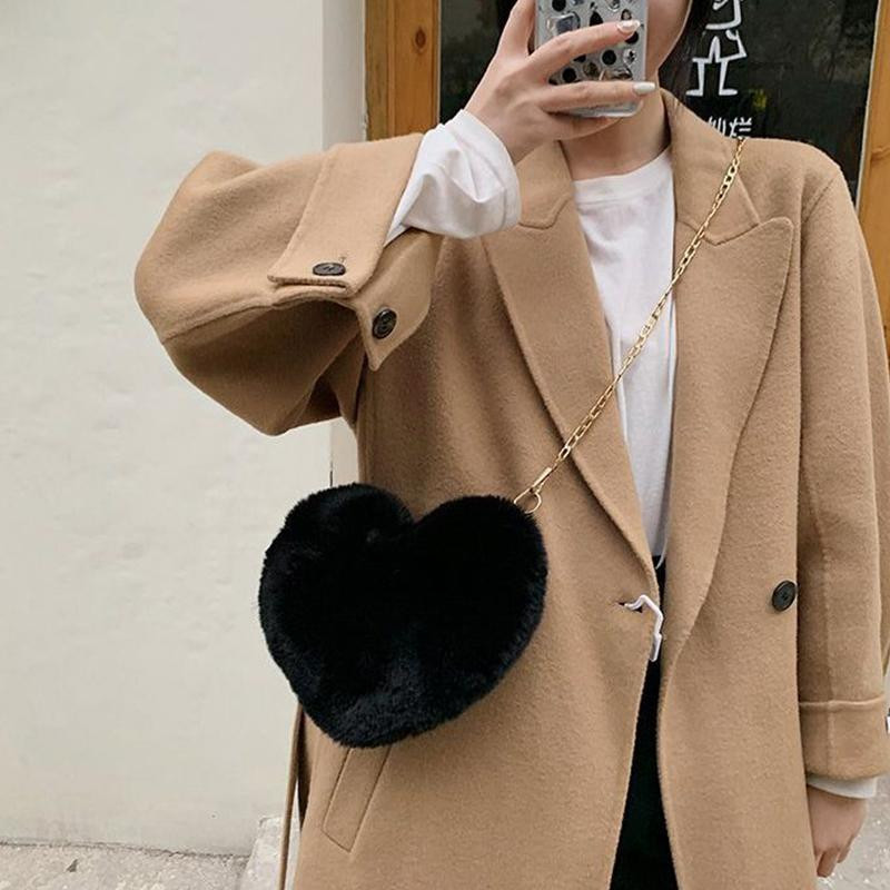 Fluffy Heart-Shaped Bag with Wool-Blend Coat Fluffy Heart-Shaped Bag with Wool-Blend Coat — Heart Outfits 2027
