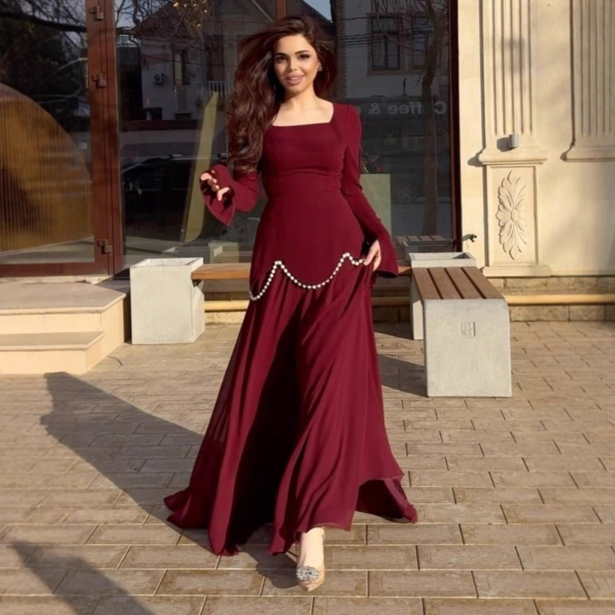 Maroon Long Sleeve Maxi Dress with Pearl Embellishment Maroon Long Sleeve Maxi Dress with Pearl Embellishment — Modest Dresses 2027