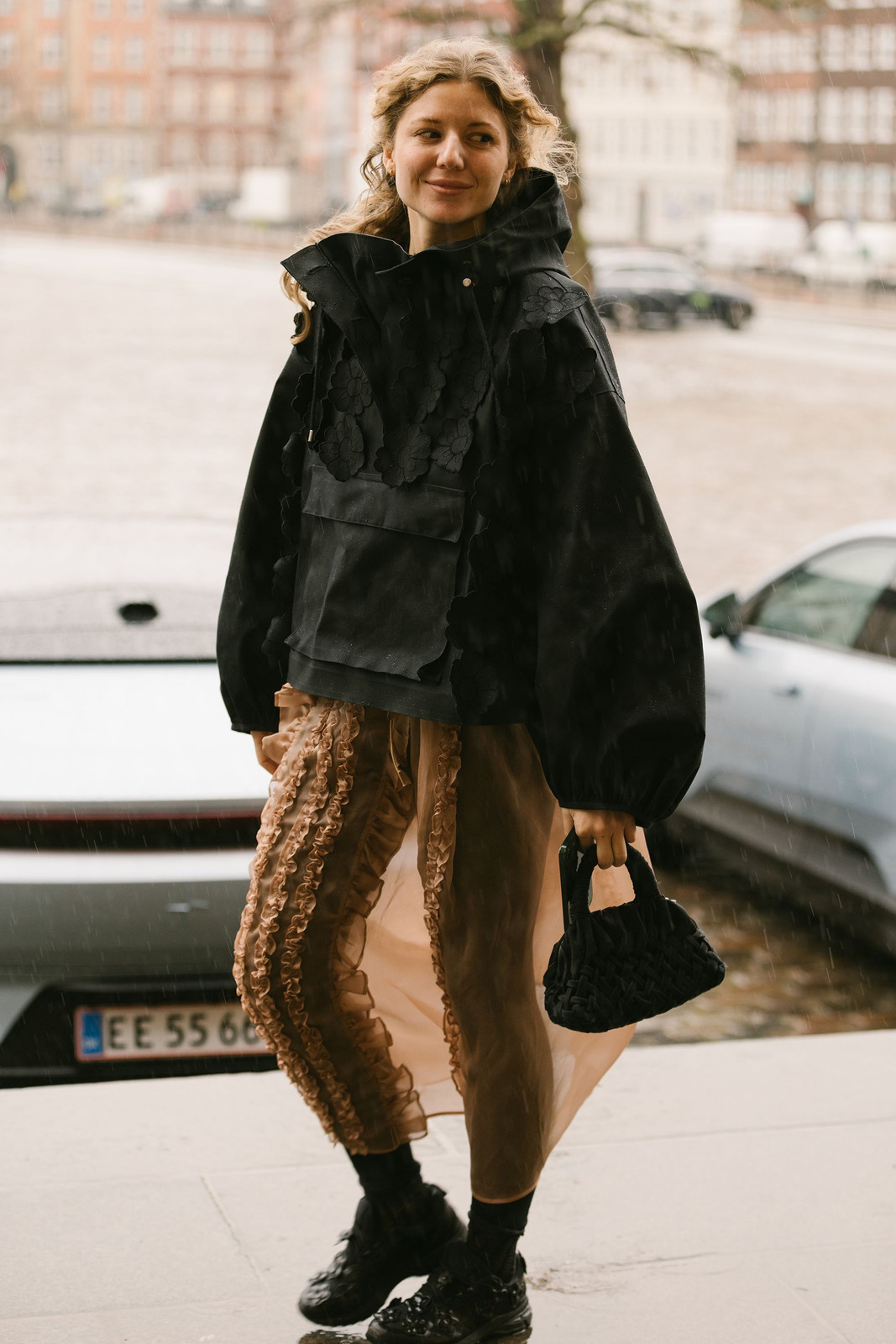 Oversized Appliqué Jacket with Sheer Skirt and Chunky Sneakers Oversized Appliqué Jacket with Sheer Skirt and Chunky Sneakers — Winter Casual Outfits 2027