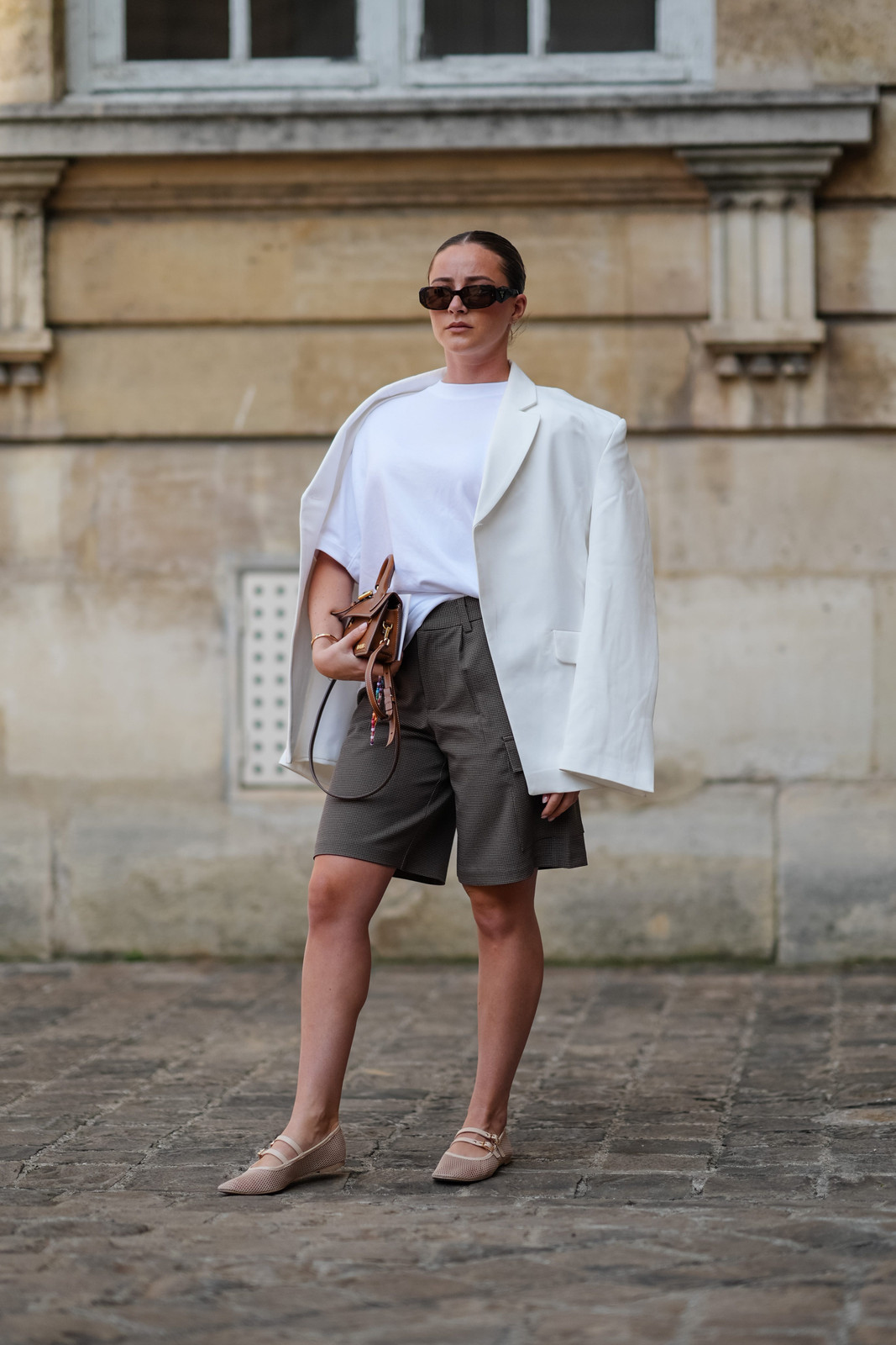 Draped White Blazer with Bermuda Shorts and Espadrille Wedges — French Girl Outfits 2027