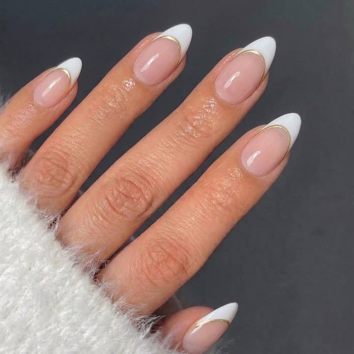 Gold Line Accented White French Almonds — Medium Almond Nails 2027