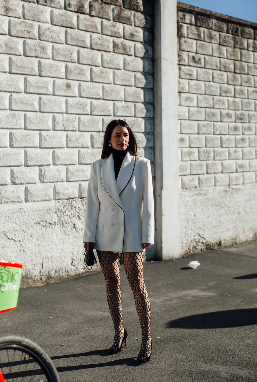 Fishnet Tights with Oversized Blazer and Turtleneck — Sheer Tights Outfits 2027
