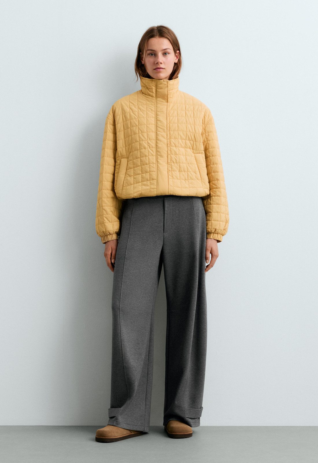 Vivid Yellow Puffer with Wide-Leg Trousers Vivid Yellow Puffer with Wide-Leg Trousers — Cropped Puffer Outfits 2027